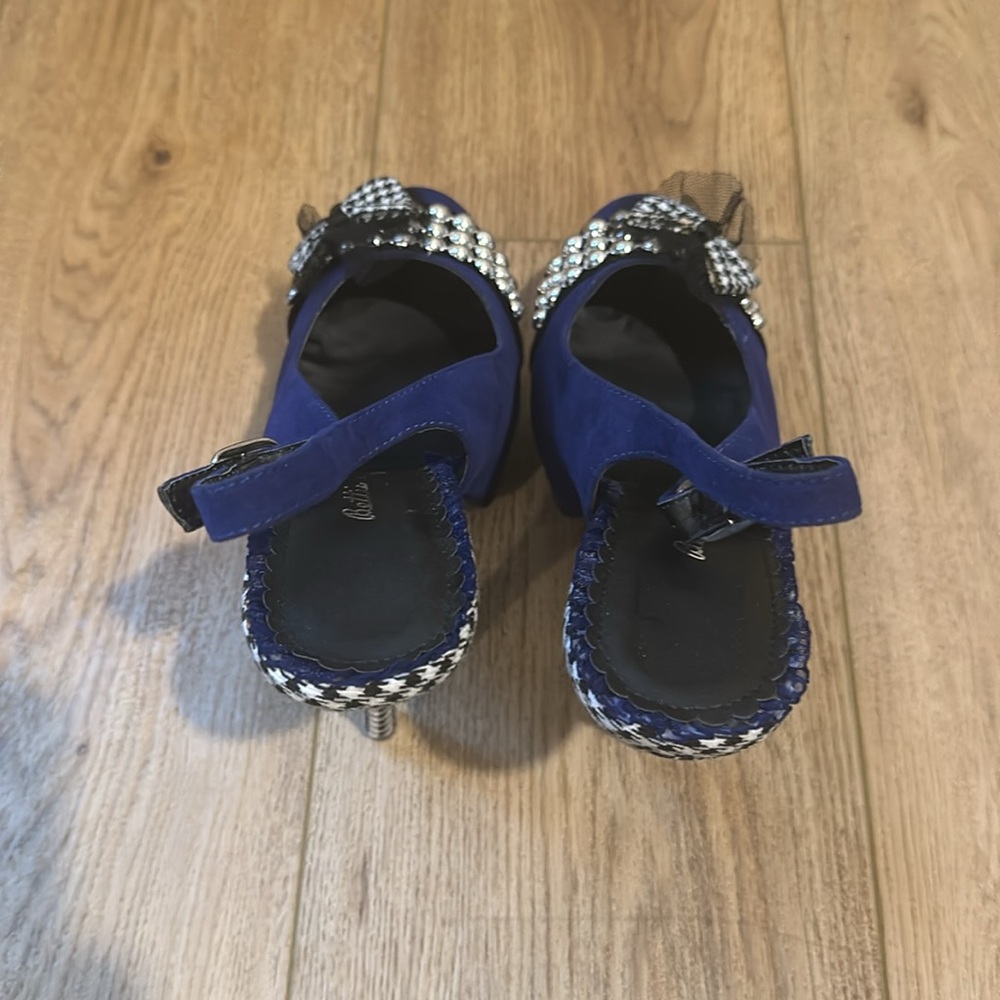 Bettie Page navy Blue Suede Platform Plaid Heels Sz9 - Picture 2 of 7